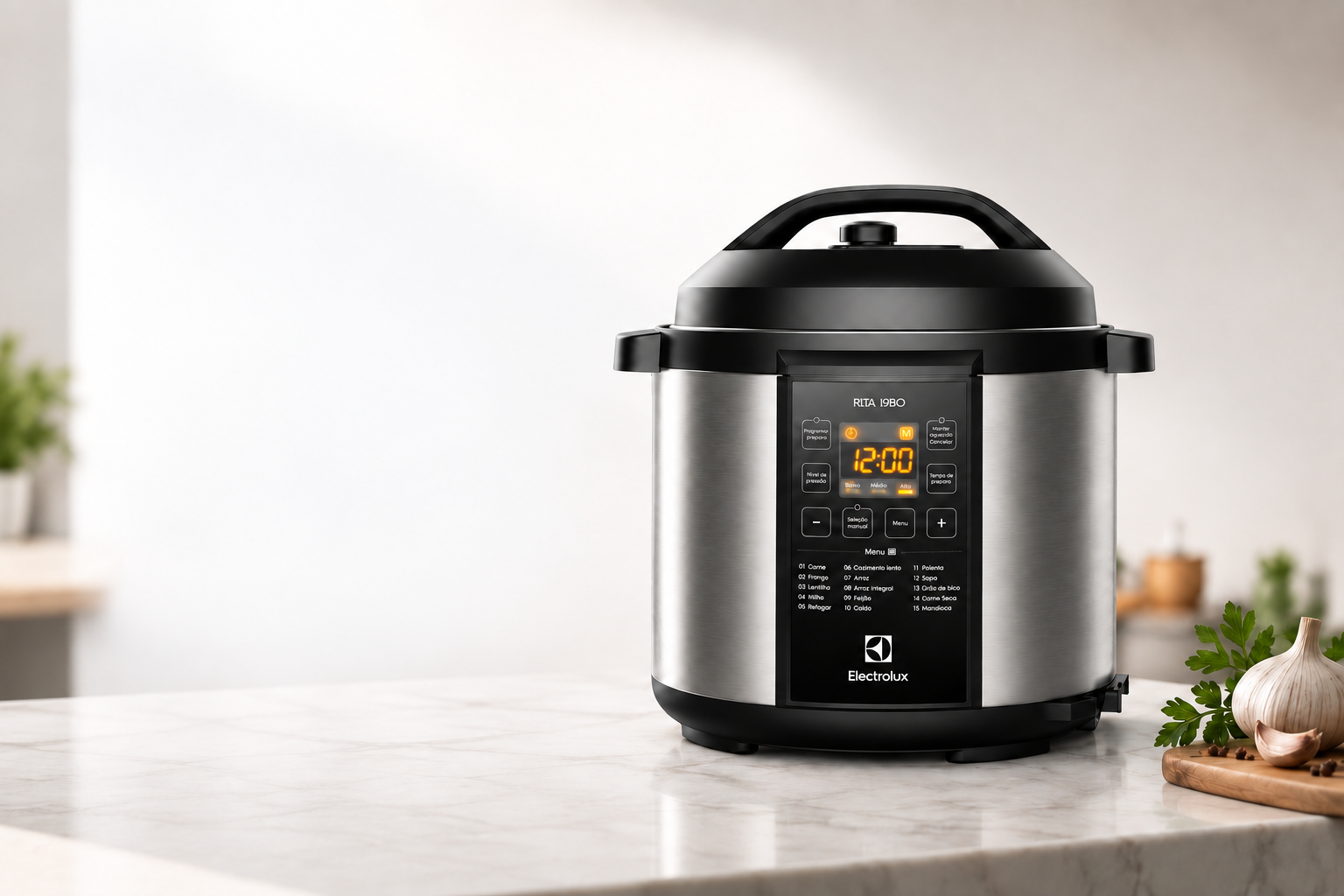 Panela Electrolux PCC20 em aço inox sobre uma bancada de cozinha.