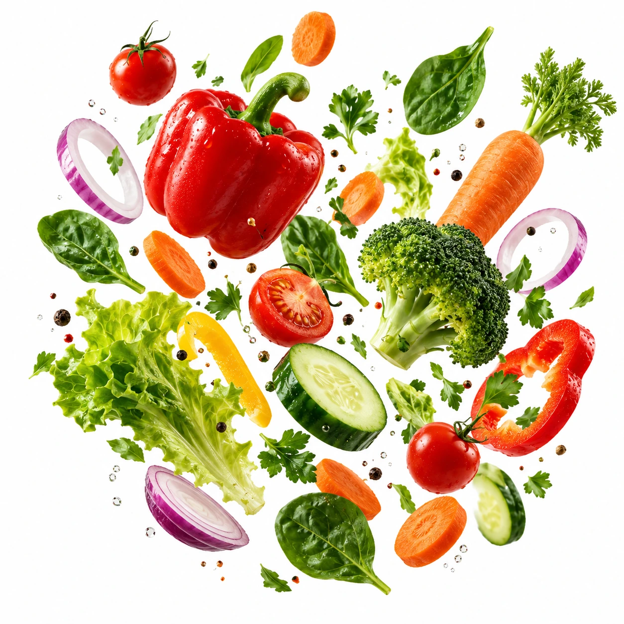 Tomates, pimentões, cenouras, brócolis e folhas frescas.